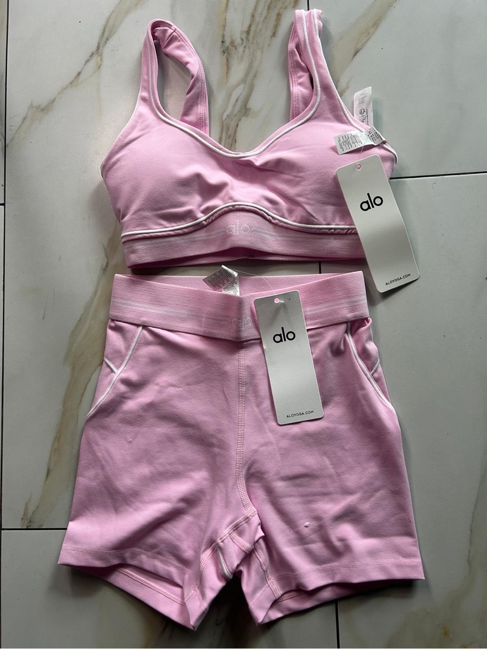 ALO Yoga Light Pink Seamless Sports Bra and High-Rise Shorts Set